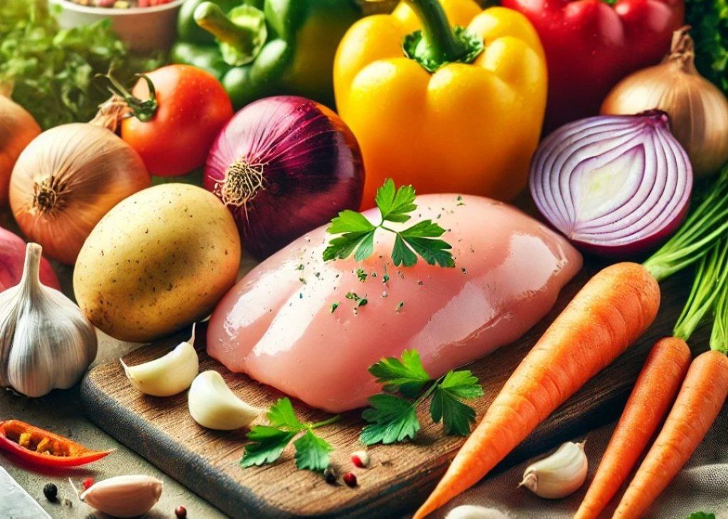 مرغ و سیب زمینی هویج پیاز جعفری فلفل دلمه ای سیر گوجه 